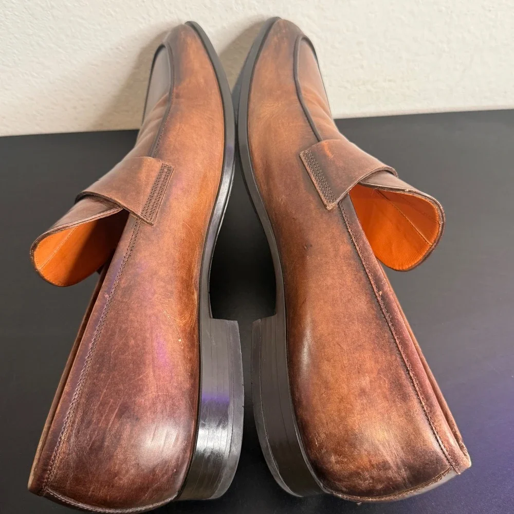 Santoni Penny Loafer Mens 11.5 Brown Leather Burnished Apron Toe Made in Italy